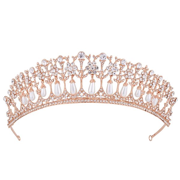 Wedding Tiara, Vofler Bride Pearl Crown - Rose Gold Crystal Rhinestone Headband for Women Queen Ladies Flower Girls Bridal Birthday Pageant Prom Homecoming Halloween Princess Diana Costume Party