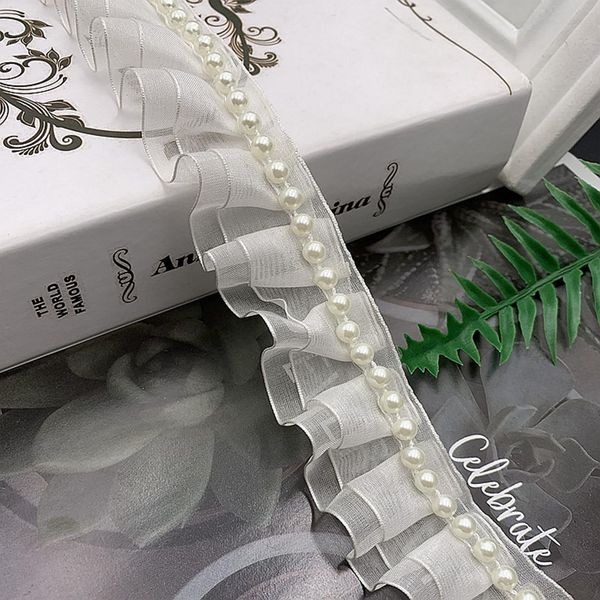 SUNMOVE 2 Yards White Pearl Trim Organza Lace Ribbon Ruffles Beaded Lace Edge Trim Wedding Dress Bridal Ribbon Sew On Applique Cloth Bag Hat Dress Decoration (1.37 inch Wide)