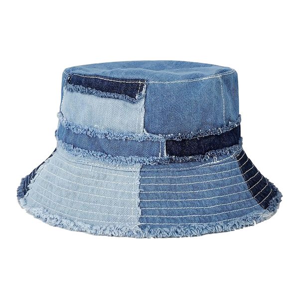 GuanGu Ripped Denim Bucket Hats for Women Washed Packable Summer Beach Sun Hats Mens Bucket Hat for Travel(Classic Denim S/M)