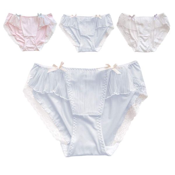 Laisve Satin Panties, Set of 3, M to L, 6 Colors, Milk Fiber Rice (Artificial Silk), Fabric, Sexy Low Rise, Women's Underwear, Cute Ribbon, Full Back Panties, Large Size, Pleated ruffles, light blue x