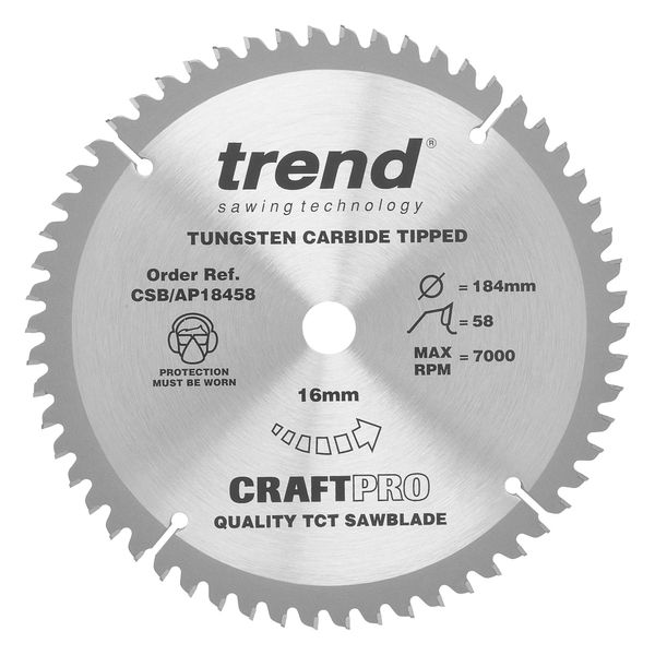 Trend Aluminium & Plastic Circular Saw Blade, 184mm Diameter, 16mm Bore, 58 Teeth, TCT, 2.8mm Kerf, -6° Hook, CSB/AP18458