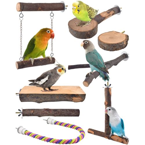 DBNESS Bird Perches, 8pcs Natural Wood Parrot Perch Stand Chewing Toys Cage Accessories Hanging Multi-Branch Perch Platform Swing Toy Rope Perches for Small and Medium Parakeet, Conures, Budgies