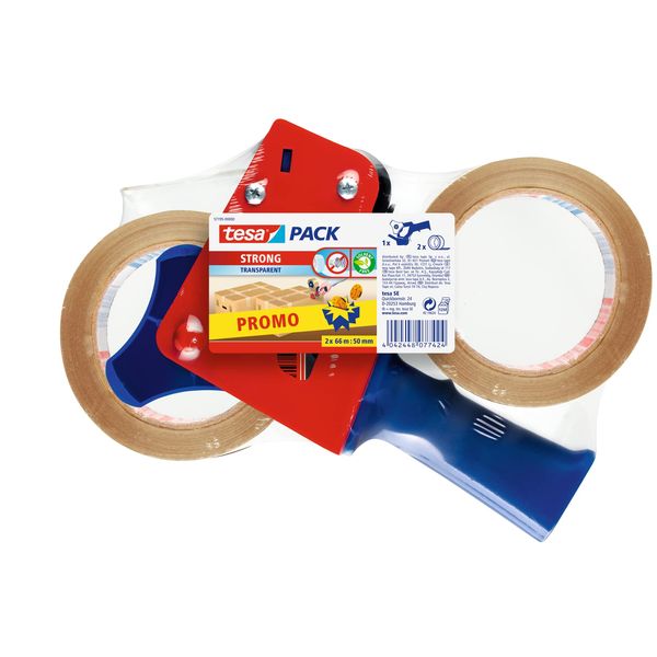 tesa Packing Tape Dispenser and tesapack Packaging Tape in a Set - 2x High-Quality Parcel Tape with 1x Dispenser - Transparent - 66 m x 50 mm