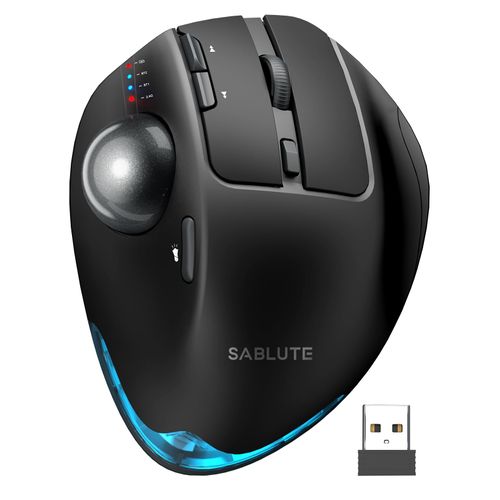SABLUTE Wireless Trackball Mouse, Ergonomic Bluetooth Rechargeable Computer Mouse, Backlit Rollerball Thumb Laptop mice with 5 Level DPI, Adjustable Angle, 3 Devices Connection for PC, Mac, Windows