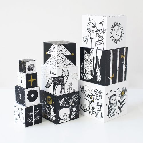 Wee Gallery Nesting Blocks - Woodland Animals and Numbers, Black and White Stacking and Building Toy for Toddlers and Kids, Motor Skills, Creative Play and Problem Solving for Children (Age 2 and up)
