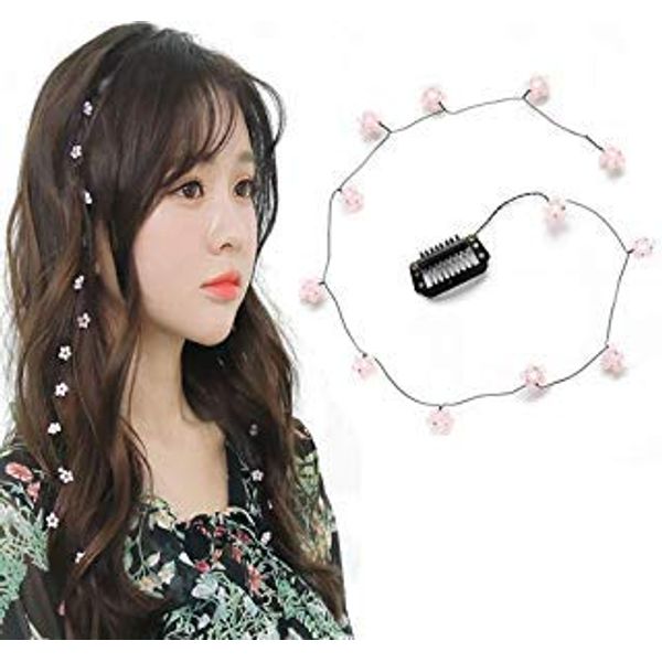 3 PCS Women Crystal Flower Long Hair Decorative Headdress Hair Extensions with Comb Invisible Streamline Hairpin Hair Accessories (Pink)