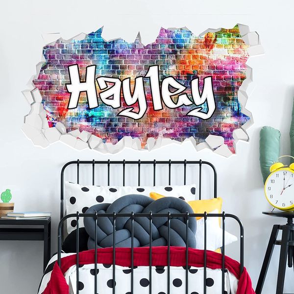 Graffiti Wall Sticker - Personalised Name Rainbow Broken Wall (90cm Width x 50cm Height)