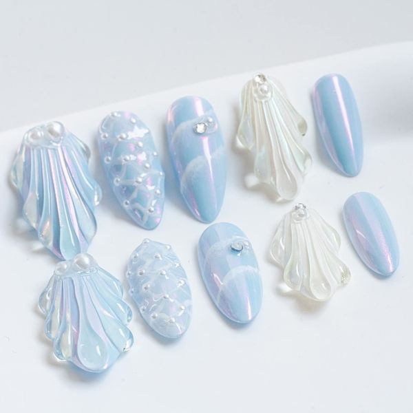 Sun&Beam Nails Handmade Nail Tip, Medium, Long, Almond, False Claws, Mermaid Scales, Shells, Pearl, Sparkle, Popular, 3D, Fashionable, Cute Design, 10 Pieces (#28, Blue, S)