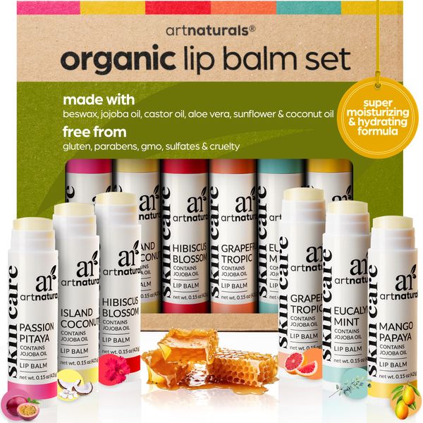 Artnaturals Natural Lip Balm Beeswax - Gift Set of Assorted Flavors - Chapstick for Dry, Chapped & Cracked lips - Lip Repair Therapy with Aloe Vera, Coconut, Castor & Jojoba Oil (Pack of 6)