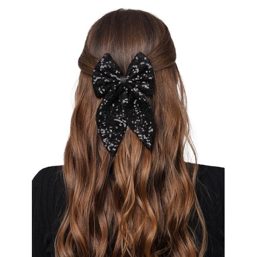 Radhu & Kabby Hairbow For Girls | Trendy Bow Tie Clip | Fancy & Stylish | Anti-Hair Fall Hairclips | Same Product As Pic | Shiny Sequin Hair Bow | Black Color | Pack of 1