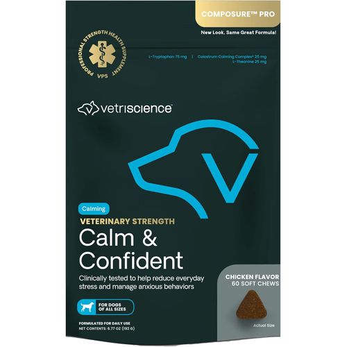 VetriScience Veterinary Strength Calm & Confident Chews - Stress Supplement for Pets - Supports Brain Function for Cats & Dogs - with L-Theanine, Thiamine & More - 60 Count
