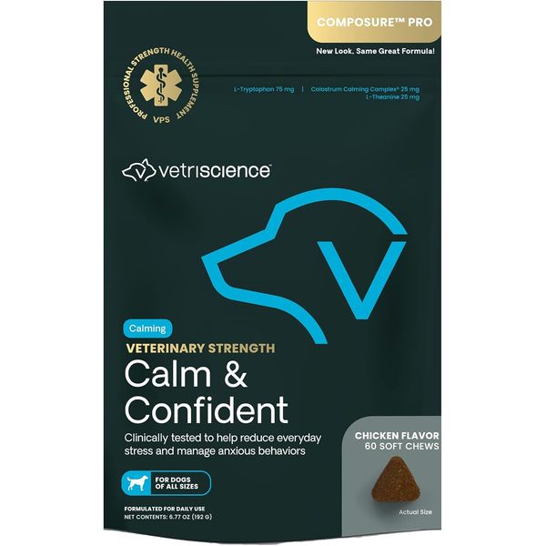 VetriScience Veterinary Strength Calm & Confident Chews - Stress Supplement for Pets - Supports Brain Function for Cats & Dogs - with L-Theanine, Thiamine & More - 60 Count