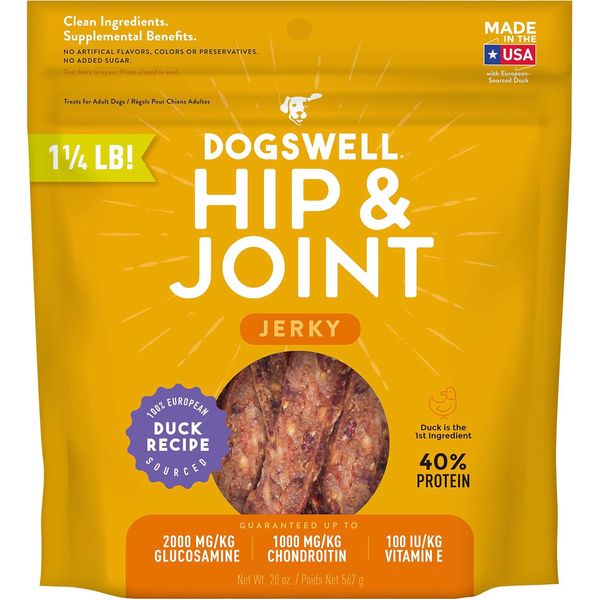 Dogswell Duck Jerky Dog Treats for Hip and Joint Support 20 oz Grain Free