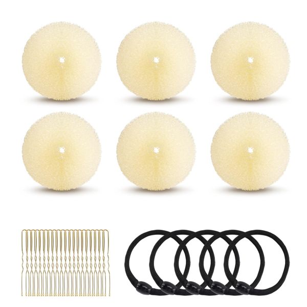 HOFASON Hair Bun Maker Donut 31 Pcs, 6 Pcs Small Hair Donuts for Buns, 5 Pcs Hair Elastic Bands, 20 Pcs Hair Pins, Hair Buns Pieces Ring Style Accessories for Kids Girls Short Thin hair Shaper (Beige)