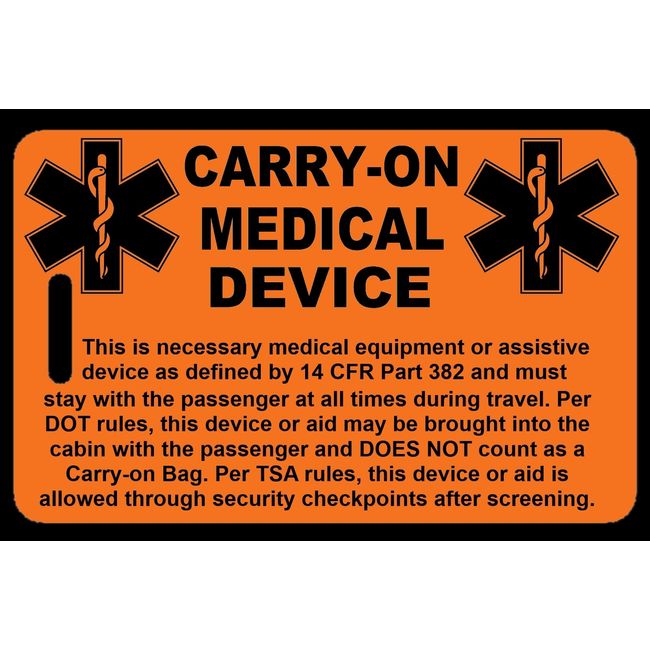 Safety Orange Carry-On Medical Device Bag Tag - TSA