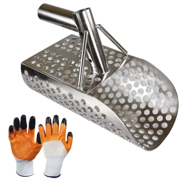 Sand Scoop for Metal Detecting, Stainless Steel with Hexahedron 10mm Holes for Beach Treasure Hunting + Gloves