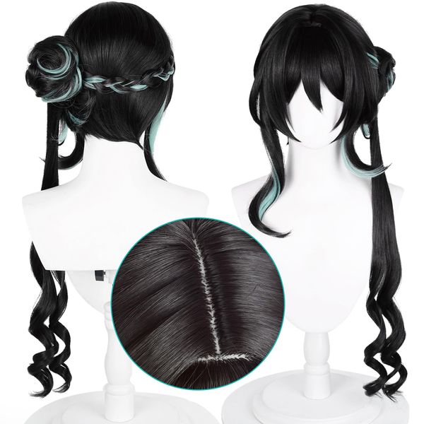 Ruan Mei Cosplay Wig for Game Honkai Star Rail Long Black Mixed Green Ponytail hair with Wig Cap for Women Comic Con, Cosplay show, Halloween