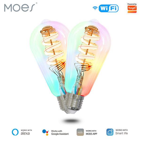MOES 2Pack Smart WiFi ST64 Edison LED Light Bulbs Multicolor CW&RGB Dimmable 40W