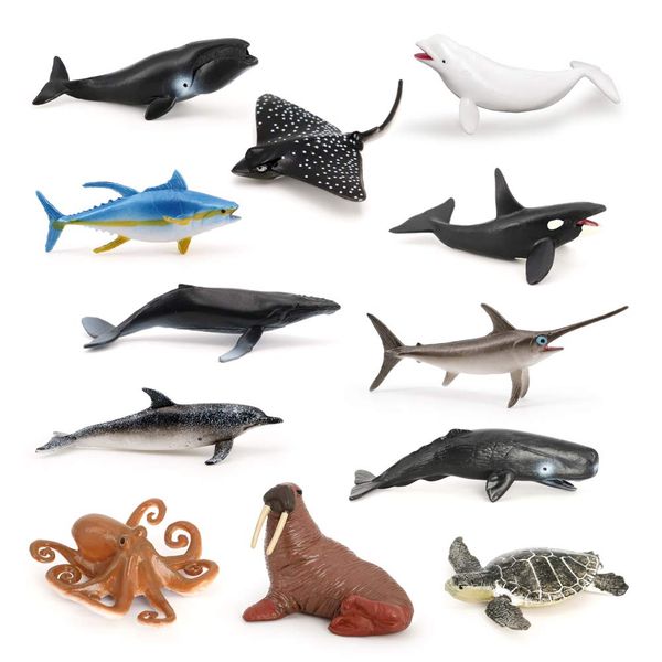 Volnau Mini Sea Creature Toys Figures 12PCS Ocean Fish Animal Figurines for Toddlers Kids Decoration Plastic Preschool Marine Pack and Bath Set Orca Great White Shark Turtle