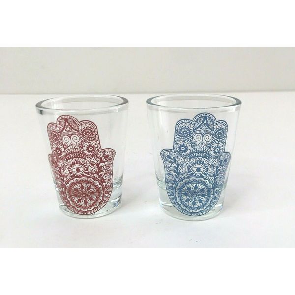 Pair Hamsa Shot Glasses Barware Red Blue Hamsa Good Fortune Health Happiness