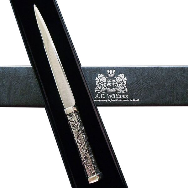 A. E. Williams Paper Knife Letter Opener Pewter Products Hex Grapes Pattern Made in England 16 cm