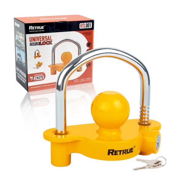 RETRUE Universal Coupler Lock Trailer Locks Ball Hitch Trailer Hitch Lock Adjustable Security Heavy-Duty Steel Fits 1-7/8 Inch, 2 Inch, 2-5/16 Inch Couplers Yellow