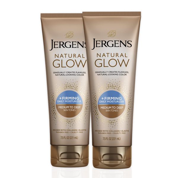 Jergens Natural Glow +FIRMING Self Tanner Body Lotion, Medium to Tan Skin Tone, Sunless Tanning Moisturizer, featuring Collagen and Elastin, Helps to Visibly Reduce Cellulite, 7.5 oz (2 Pack)