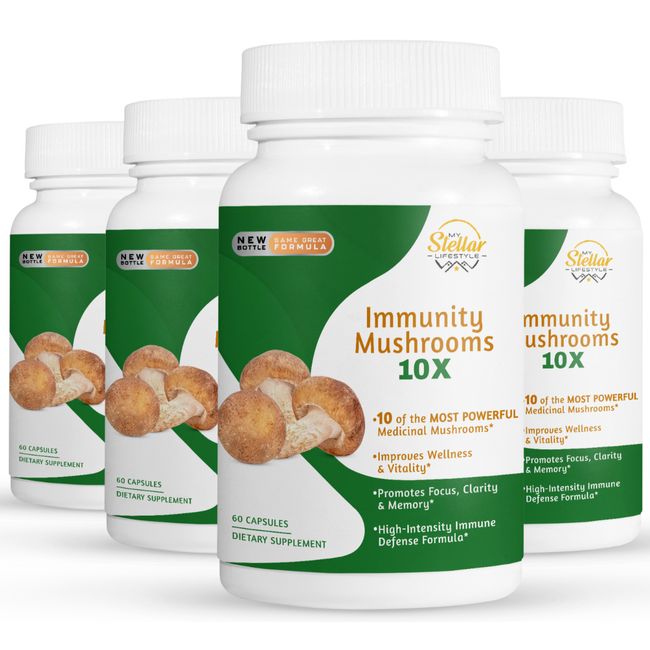 4 Pack Immunity Mushrooms 10X, promueve el enfoque y la memoria-60 Cápsulas x4