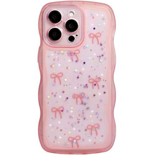 Qokey for iPhone 16 Pro Case, Glitter Star & Curved Edge Handle Grip Design, Military-Grade Shockproof Clear TPU Cover, Sparkle Protection Scratch-Resistant, Holographic Pink Bow