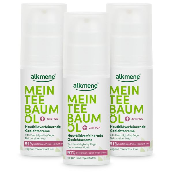 alkmene Mein Teebaumöl Gesichtscreme 3x 50 ml Pickel Reduktion 91% bestätigt - Naturreines Teebaumöl, vegan & klimaneutral - 24h Feuchtigkeitspflege für unreine Haut - Teebaumöl Creme für Pickel