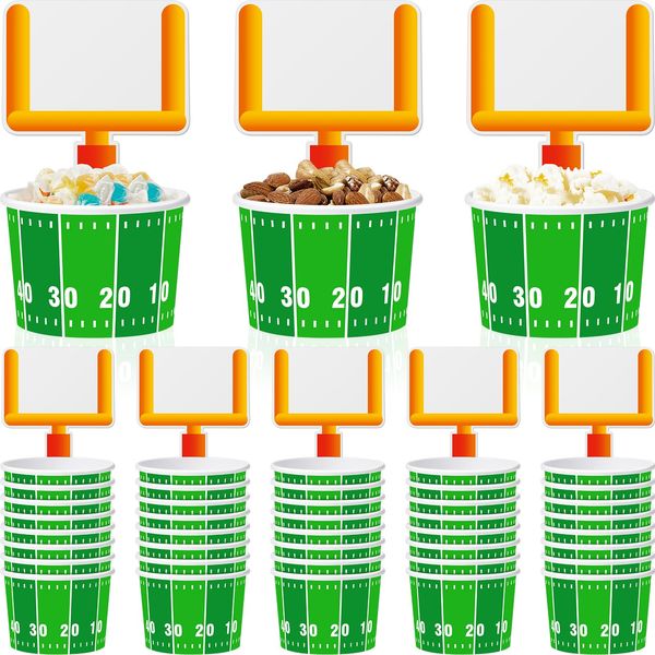 50 Set Football Bowls Football Snacks Paper Cups Football Cups Disposable Football Party Decorations Supplies Favors with Tailgate Cards for Kids Tailgate Games Birthday Sports Events Popcorn