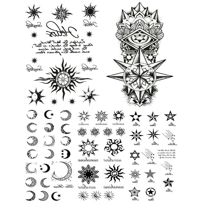 The Fantasy Set 113 Tattoo Stickers, Star, Moon, Sun, 5 Types