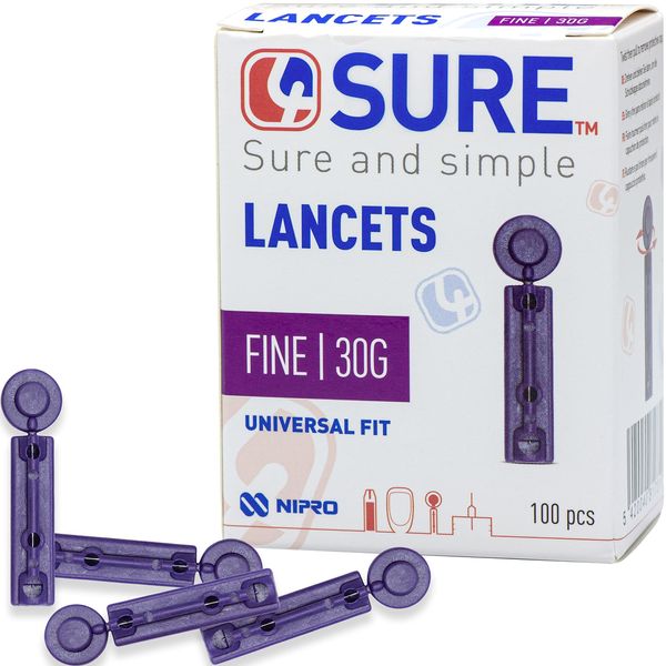 Lancets for Blood Tests - Sterile Single-Use, Finger Pricker Lancing Device with 3-Bevelled Needle Tip & Twist Top Cap for Blood Glucose and Ketone Testing - Universal Fit, 100 Pcs, 30G - Nipro 4SURE