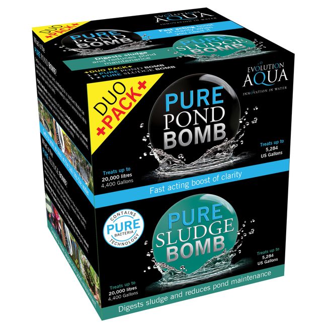 Evolution Aqua Pure Duo Pack Pond Bomb & Sludge Bomb Pond Clear Water Treatment Pond Sludge Remover - Duo Value Pack Offers Complete Natural Pond Water Treatment for Fish Ponds