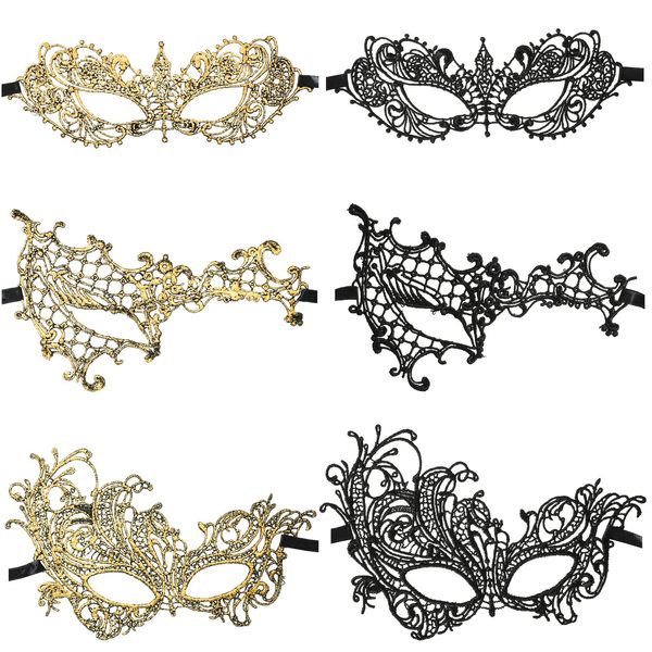 Cindeer 6 Pcs Masquerade Mask for Women, Venetian Lace Eye Mask Gold and Black Lace Mask for Prom Ball Costume Party Supplies (Classic Style)