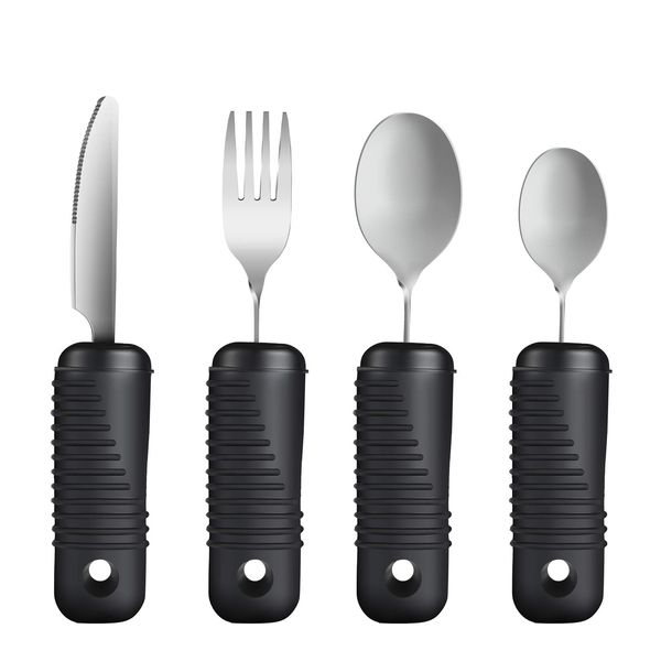 YPC Adaptive Utensil Set,Easy Grip Silverware Set,Built-Up Bendable Fork,Teaspoon,Tablespoon and Knife for Elderly, Arthritis and Parkinsons,4 Piece Set