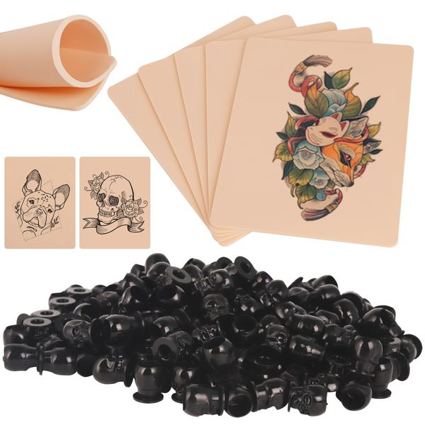 Tattoo Practice Skin - TONBAO 3 Pieces 3 mm Double Sided Tattoo Skin 19 x 14 cm Practice Skin with 200 Skull Tattoo Ink Caps Black for Tattoo Accessories, Beginners and Experienced Tattoo Artists