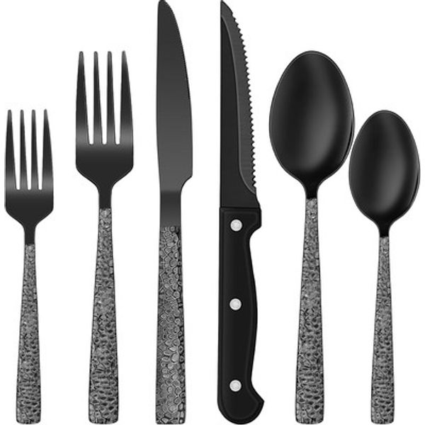Black Hammered Silverware Set, 24-Piece Stainless Steel Square Flatware