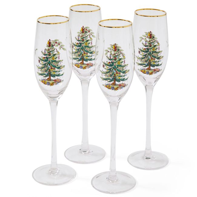 Spode Christmas Tree Glassware - Set of 4 -Made of Glass – Gold Rim- Classic Drinkware - Gift for Christmas, Holidays, or Wedding - Drinking Glasses (Champagne Flutes)