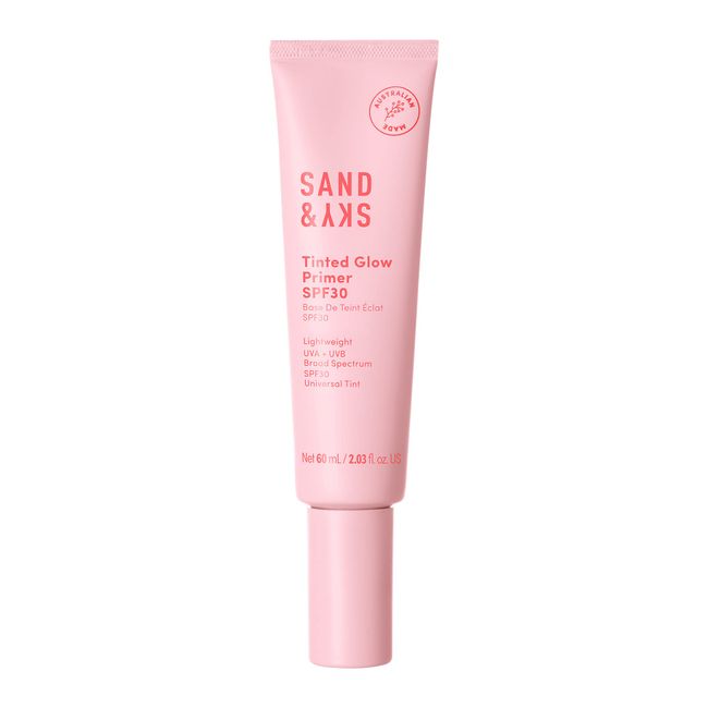 Sand & Sky Tinted Glow Primer SPF 30 Sunscreen - Australian Made Daily Hydrating Makeup Primer with Broad Spectrum Sun Protection & Sheer Rosy Tint | Improves Pigment, Skin Firming and Minimizing Roughness | With Hyaluronic Acid, Aloe Vera, Apricot Oil.