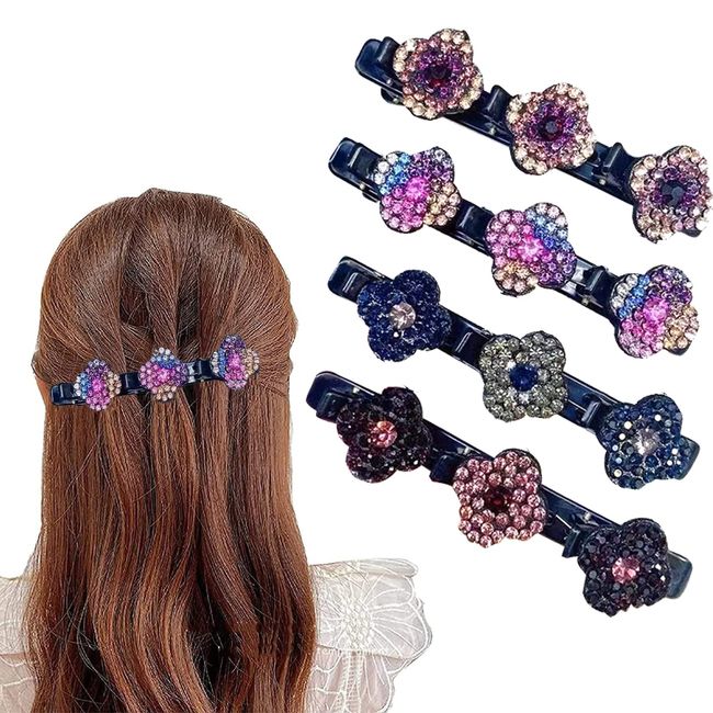 4 Stück Haarspange mit 3 Clips Kolibri Haarspange mit Kristallblume Glitzer Mädchen Kristallstein Geflochtene Haarspange für Damen Frauen Doppelschicht Entenschnabel mit Clips Crystal Haarschmuck