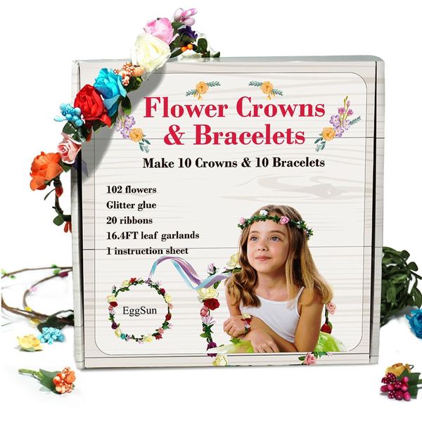 EggSun Flower Crown and Bracelet Making Kit for Women Crown Party DIY Flower Crown Kit for Birthday Party Floral Hair Accessories Craft Make Your Own Flower Crowns and Bracelets Arts and Crafts Set