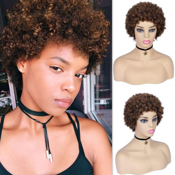 WIGER Afro Kinky Curly Wig Human Hair for Black Women Short Medium Brown Afro Wigs Curly Human Hair Wig for African American 6.5 Inch