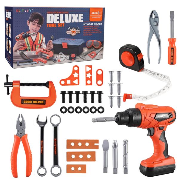 Elitoky Kids Tool Set - 35 PCS Toddler Tool Set with Tool Box & Electronic Toy Drill, Pretend Play Kids Construction Toy, Toddler Boy Toys, Toy Tools for Kids Ages 3,4,5,6,7,8 Years Old