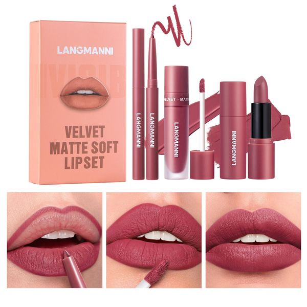 3 in 1 Matte Samt-Lippenstift-Set, 3Pcs Matte Lippenstift + Matte Flüssig-Lippenstift + Lip Liner Set, Samtiger Lippenstift Lang anhaltender Lipgloss Make Up Geschenkset (#05, 1er-Packung)