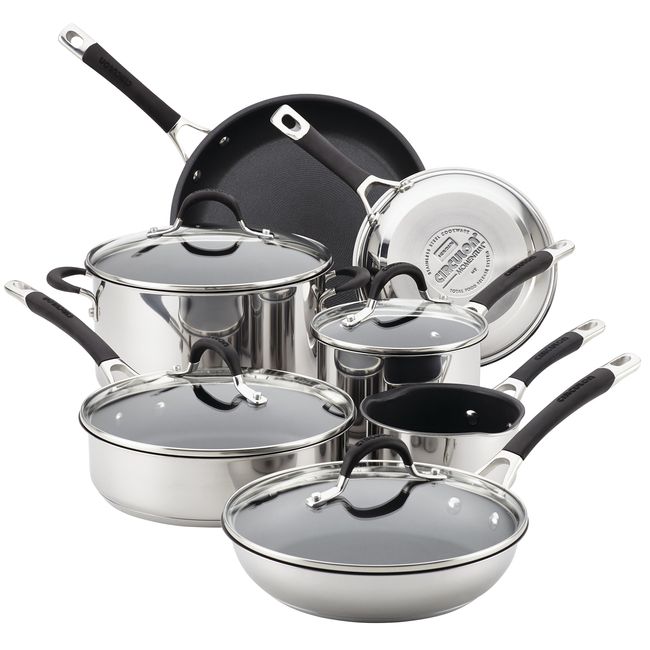 Circulon Momentum Stainless Steel Nonstick Cookware Set with Glass Lids, 11-Piece Pot and Pan Set, Stainless Steel