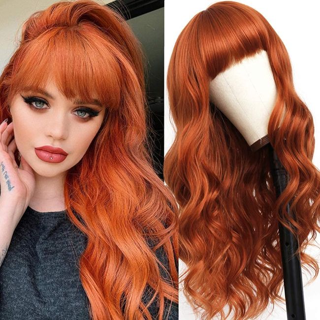 QACCF Long Auburn Wig Women Long Wavy Fluffy Curly Heat Resistant Full Bang Girls Wig (Ginger)