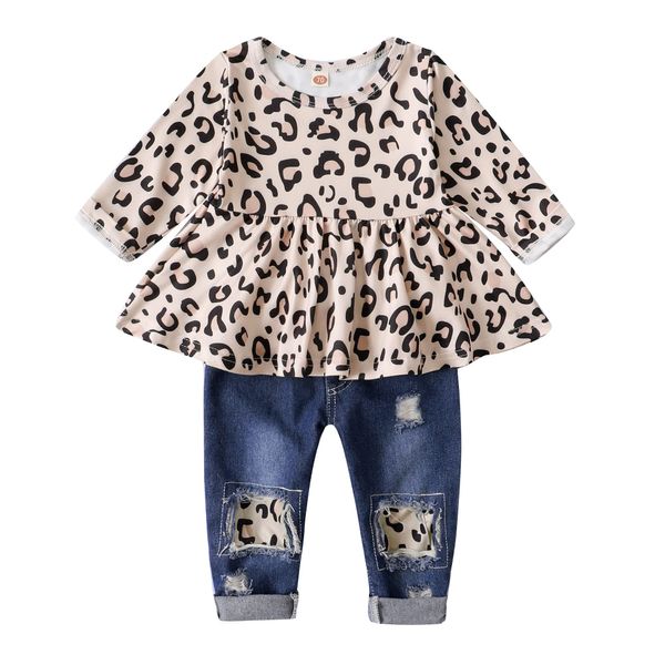 XUANHAO 18 Months Girl Clothes Toddler Girl Winter Clothes Ruffle Leopard Tops Denim Jeans Long Sleeve Pant Set 18-24 Months Girl Clothing