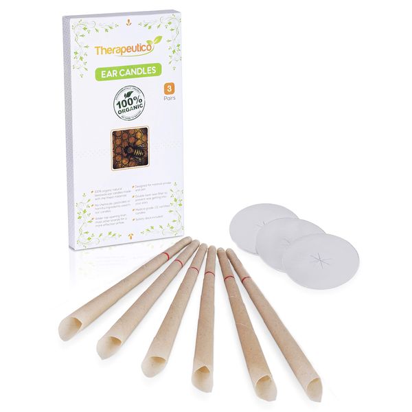 Therapeutico Natural Organic 100% Beeswax Hopi Ear Candles, 6 Hand-Crafted Candles, Medical Grade With Safety Disc and Double Wax Filter, Relaxing | Free Ebook |