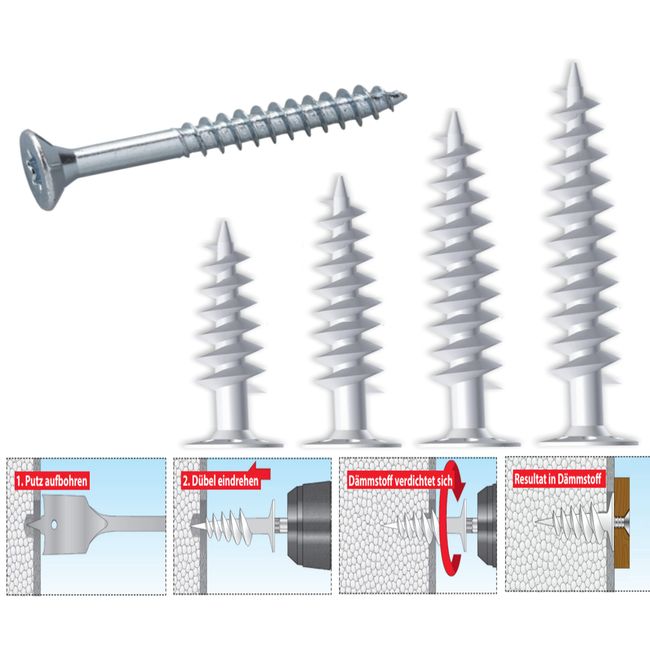 Dämmstoffdübel Thermo Wärmebrückenfreie Befestigung, Verarbeitung ohne Vorbohren oder Spezialwerkzeug möglich (10 Dämmstoffdübel + 10 Schrauben, 50 mm)